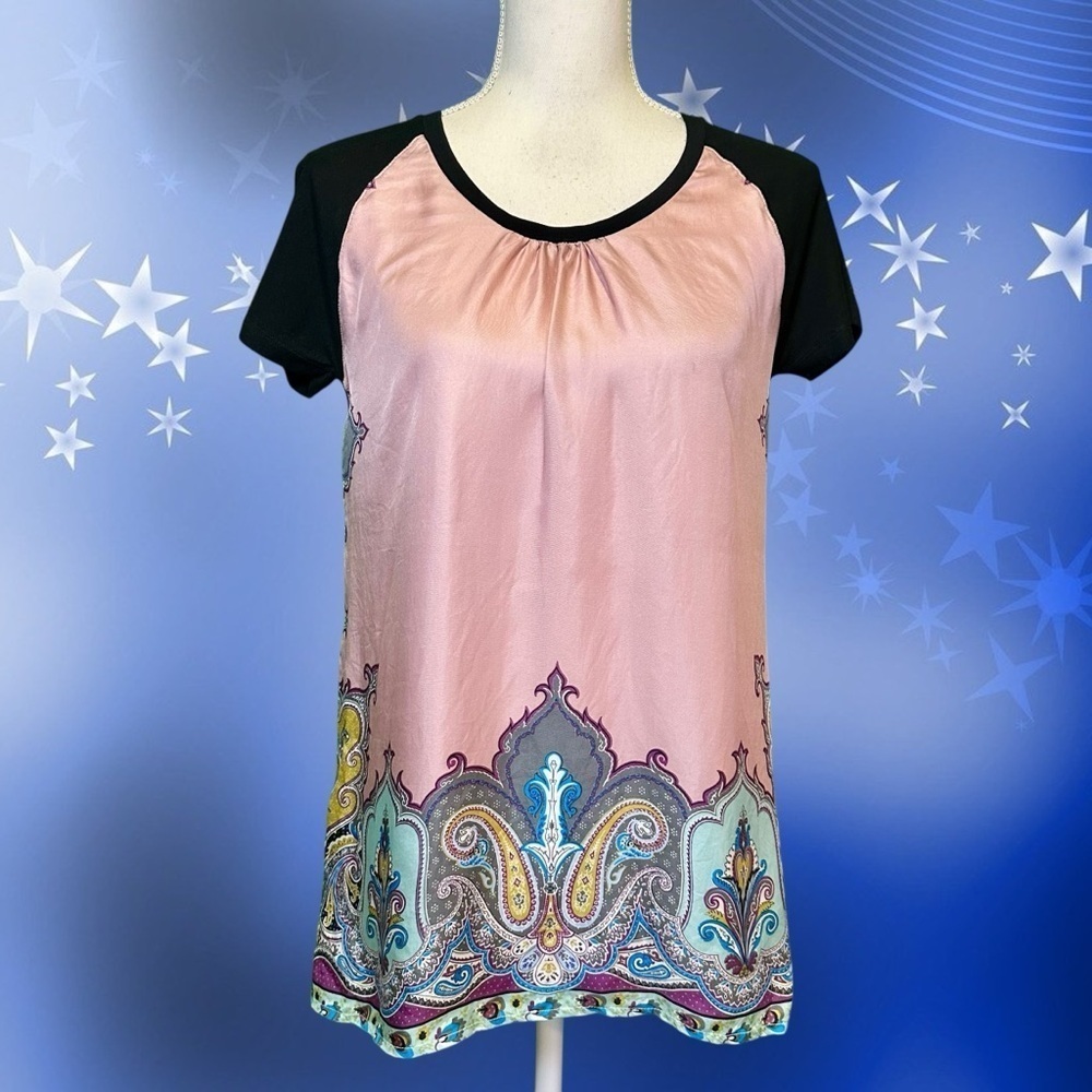 Etro Black Cotton & Pink Paisley Silk Front Short-Sleeve T-Shirt Size 40 = Small